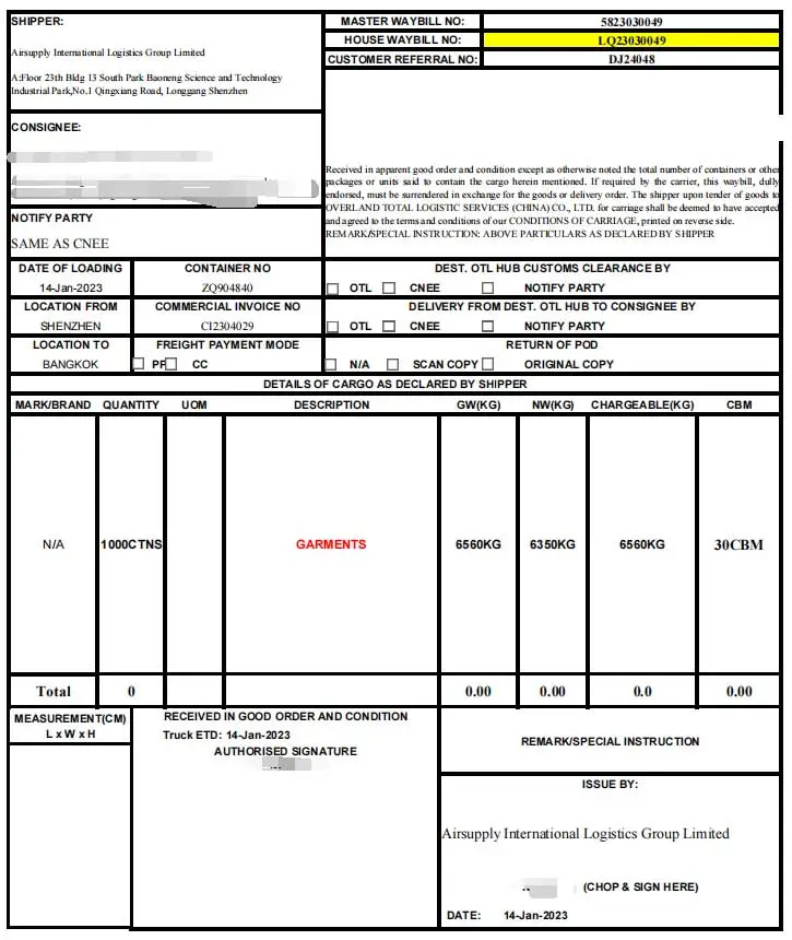 shipping-to-BKK bill of lading